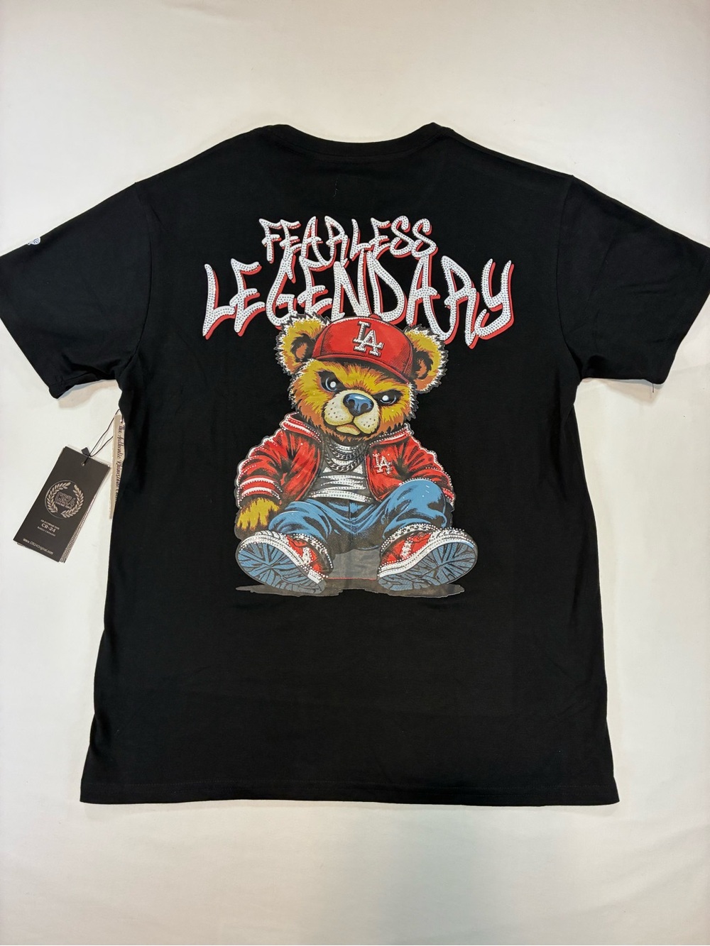Men's Black Graphic Tee with Rhinestone Red Bear Design - Fearless Legendary